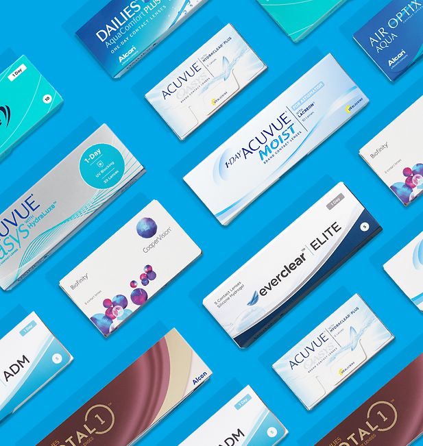 Several contact lens boxes on a blue background.