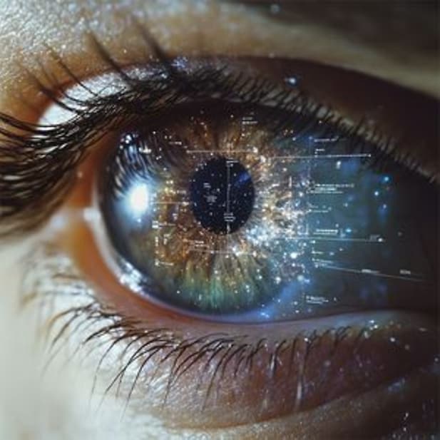 Gros plan d’un œil humain dans lequel se reflètent l'univers et des données codées, symbolisant le futur de l’optique.