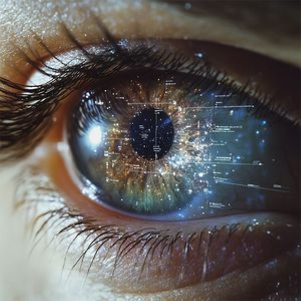 Gros plan d’un œil humain dans lequel se reflètent l'univers et des données codées, symbolisant le futur de l’optique.
