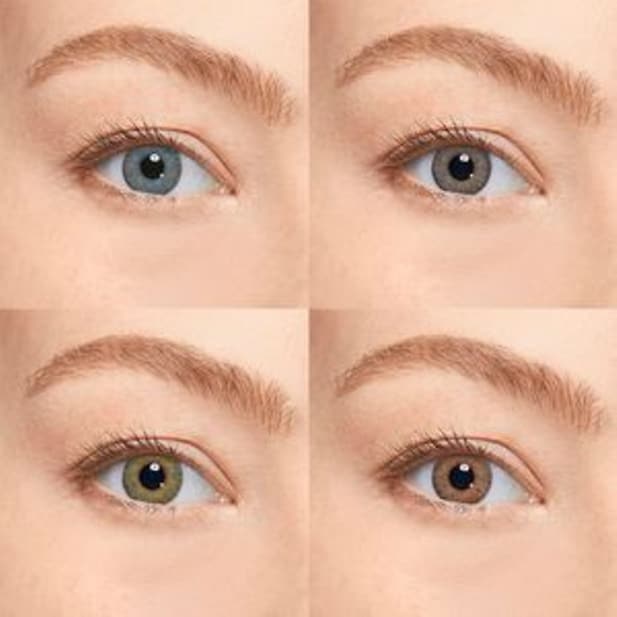 Montage de quatre images identiques montrant un œil portant des lentilles de couleurs naturelles différentes.