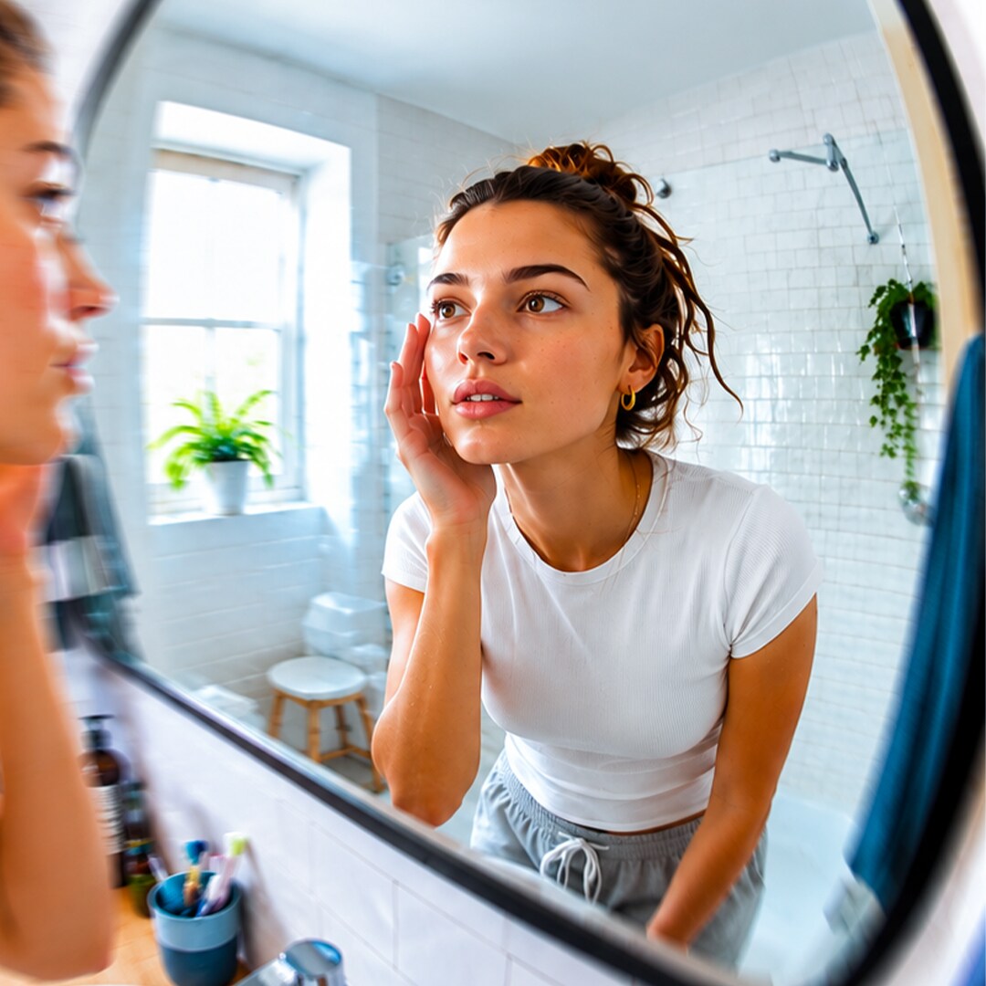 Femme se regarde dans le miroir