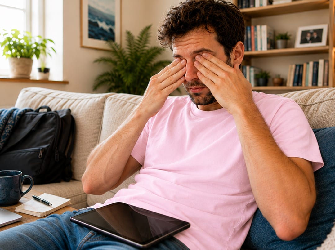 Homme se frottant les yeux secs et irrités sur le canapé
