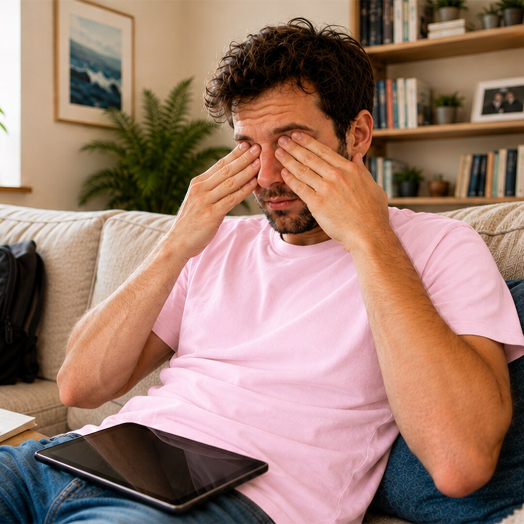 Homme se frottant les yeux secs et irrités sur le canapé