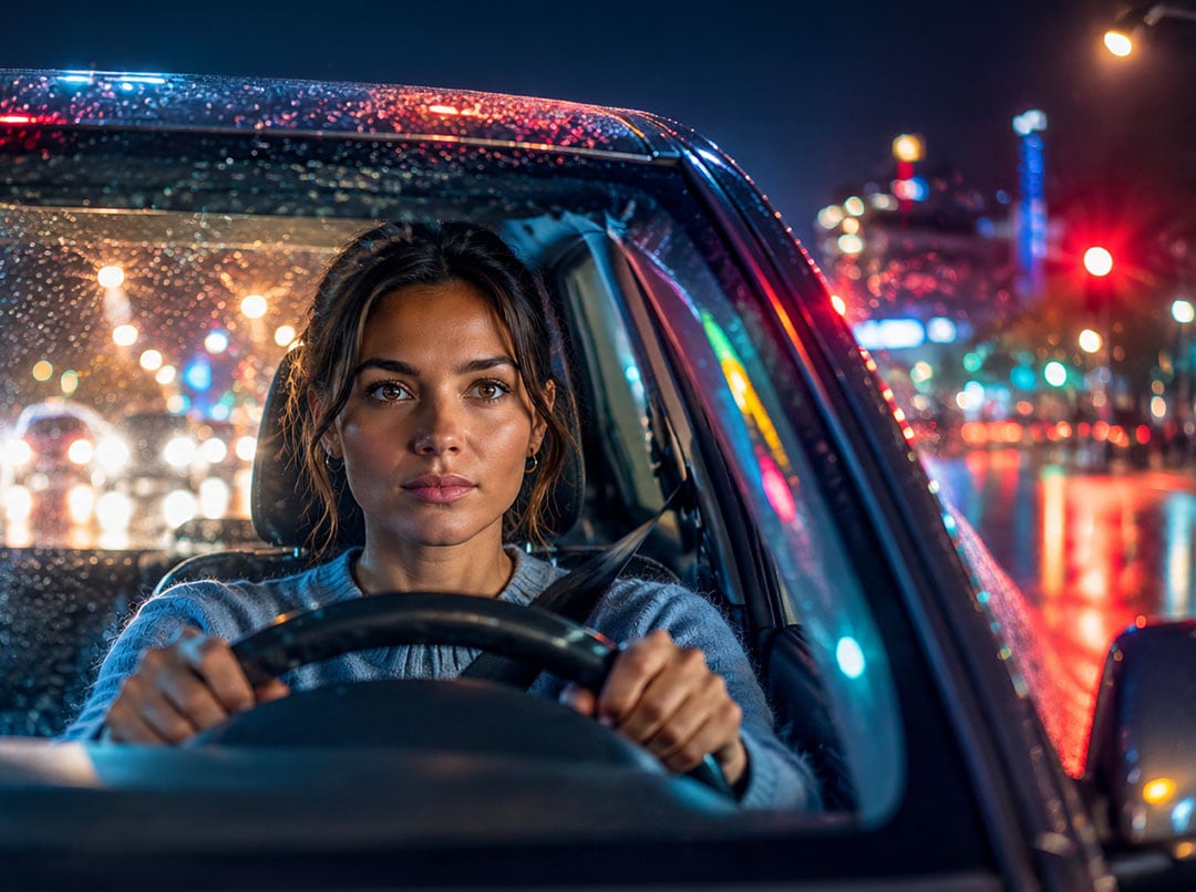 Femme conduisant de nuit sous la pluie, avec les lumières de la ville visibles à travers le pare-brise