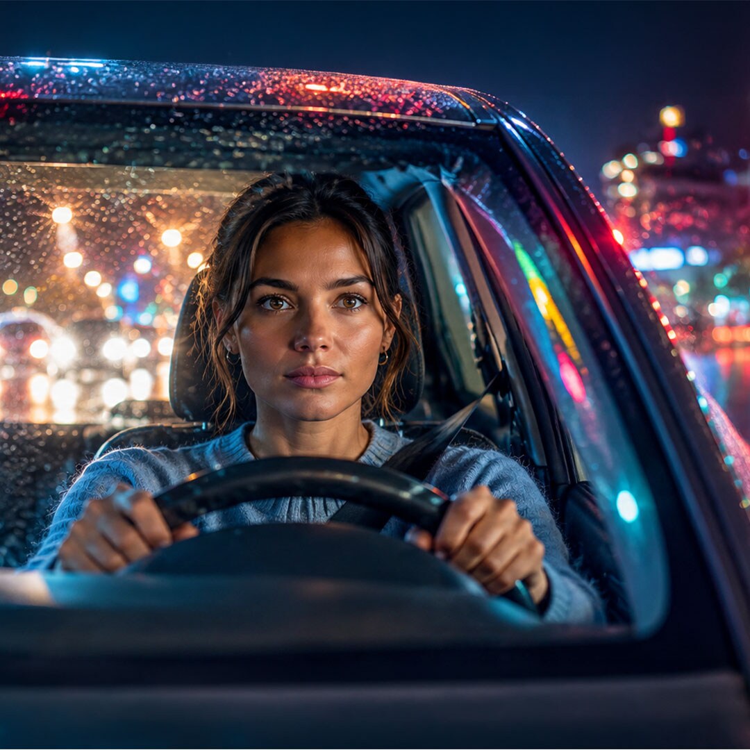 Femme conduisant de nuit sous la pluie, avec les lumières de la ville visibles à travers le pare-brise