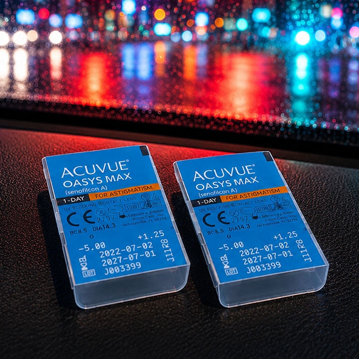 Boîtes de lentilles de contact Acuvue Oasys Max rangées dans le vide-poche d'une voiture